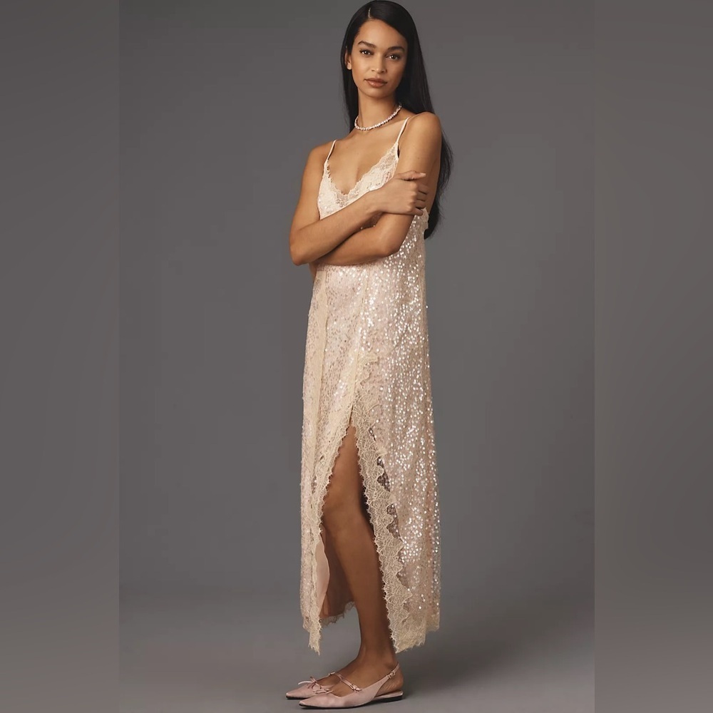 Anthropologie En Elly Sleeveless V-Neck Lace Sequin Slip Midi Dress NWOT